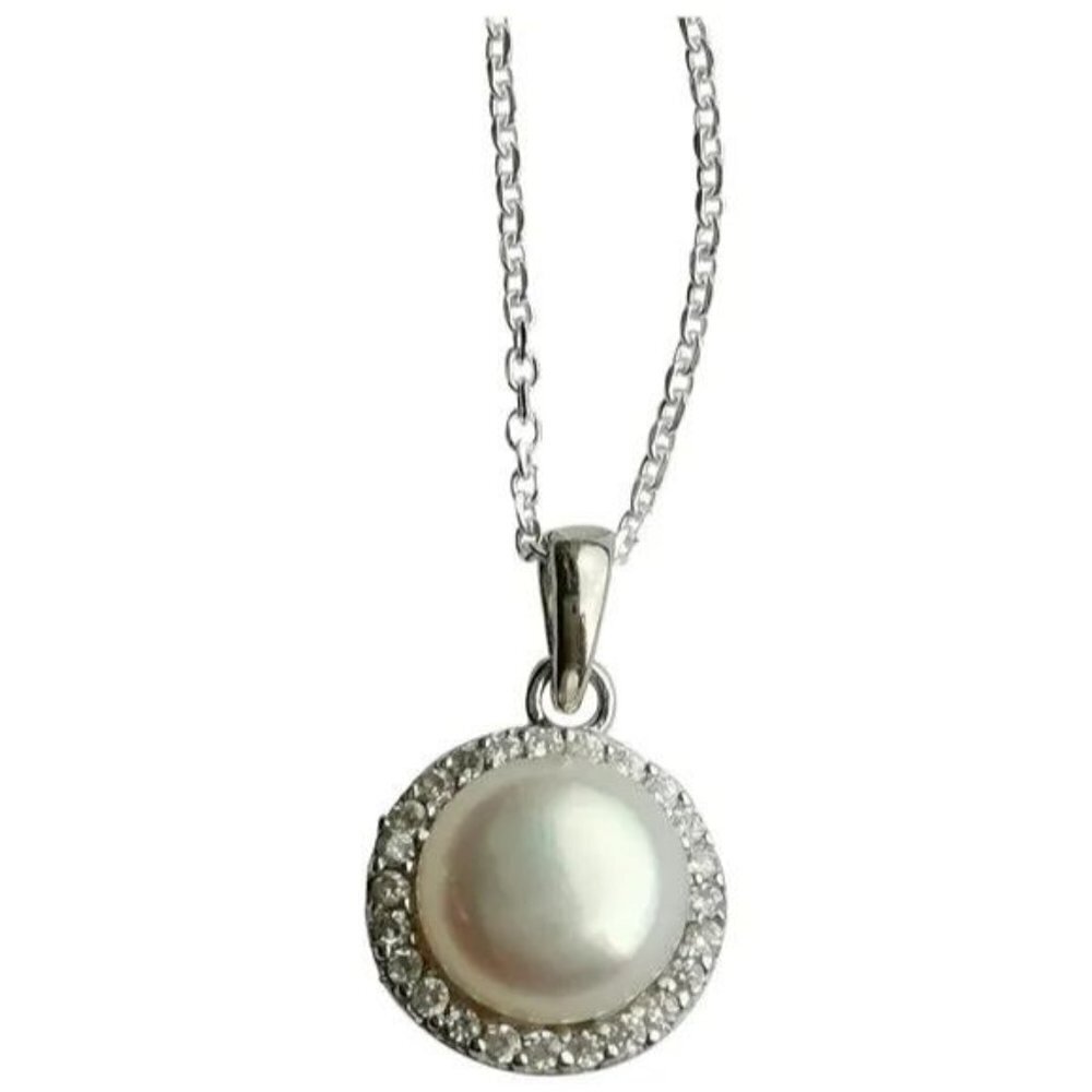 White cultured pearl pendant necklace with cz halo NEW